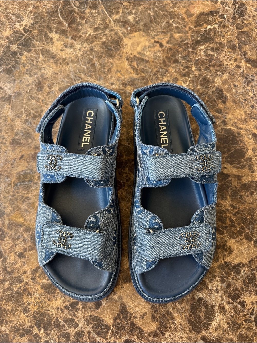 Chanel 25p denim blue logo sandals flats sz 38.5